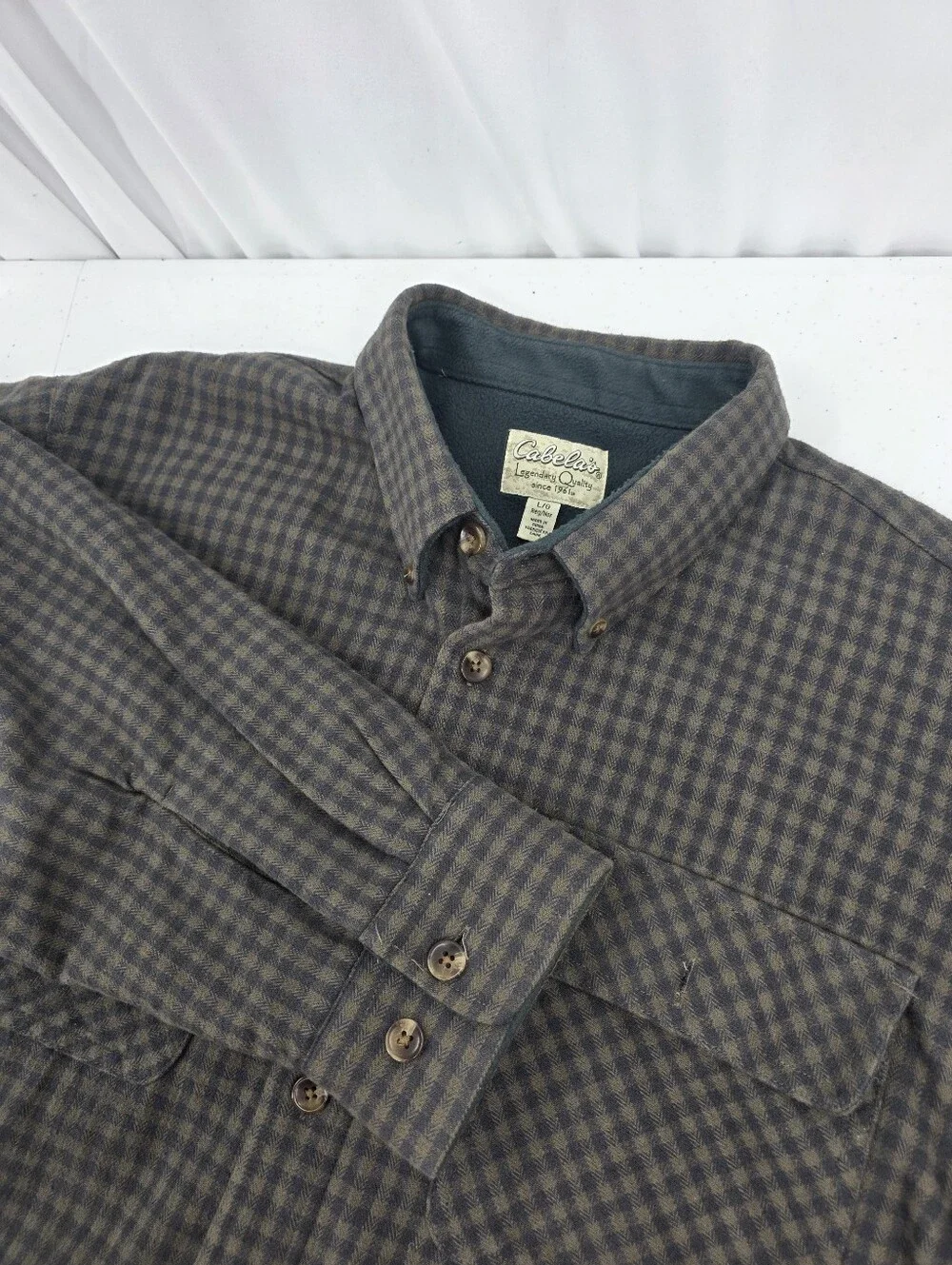 Cabela's Fleece Lined Flannel Shacket Large Green Check Long Sleeve Button Up